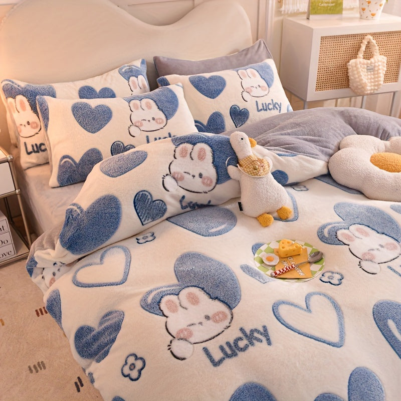 BED COVERS,[3pcs Soft Anime Duvet Set] 3pcs Anime Cartoon Love Pattern Duvet Set, Thickened Double-Sided Velvet, Soft & Warm, Breathable Polyester Bedding with Zipper Closure, Machine Washable, Includes 1 Duvet Cover & 2 Pillowcases (No