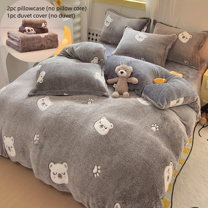 3pcs Animal Print Quilt Cover Set - Long Fleece, All-Season, Cute Bear Design, Machine Washable, Polyester Fabric, No Duvet Included, Zipper Closure, Woven Craftsmanship, 160-180g Fabric Square Weight