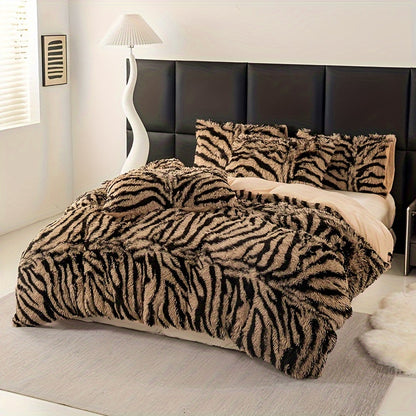 3pcs Luxurious Leopard Print Faux Fur Bedding Set - Ultra-Soft, Cozy & Shaggy Duvet Cover and 2 Plush Pillowcases, Zip Closure, All-Season Comfort, Machine Washable, Polyester 100.0% - Perfect for Modern Chic Bedrooms