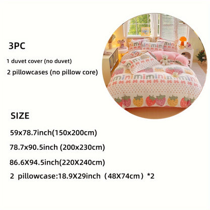 3pcs Floral Strawberry Duvet Cover Set - All-Season Zipper Closure, Machine Washable, Woven Polyester, Active Printing, Includes 2 Pillowcases - Thickened Warm Blanket for Bedroom & Living Room