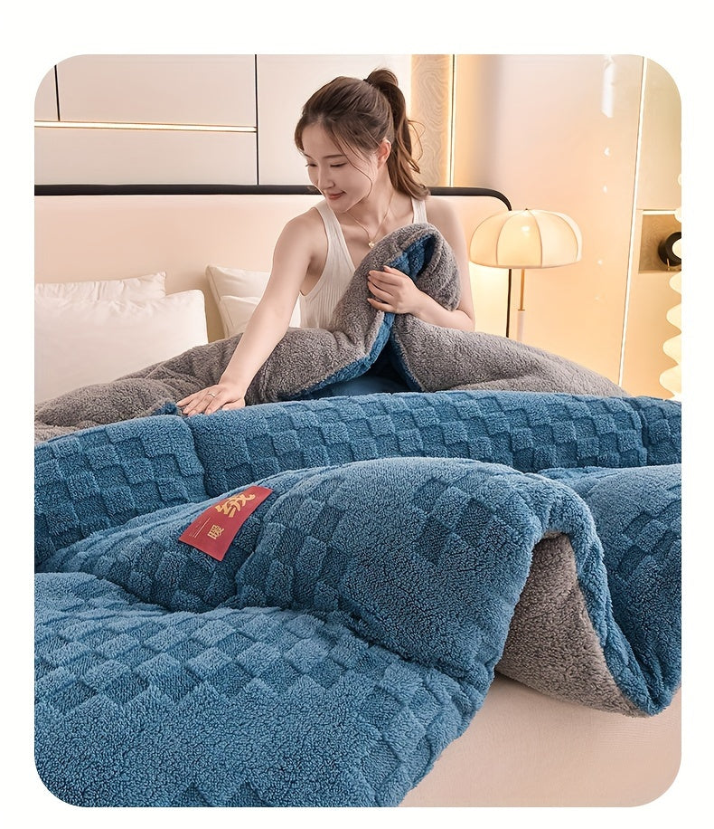 1pc High-Quality Double-Sided Thickened Warm Fleece Winter Comforter, Home Use, Winter Season, Simple Pattern, Multi-Purpose, Milk Fleece, Woven, Quilted, Active Print, Polyester Fill, Polyester Cover, 200-250g Fabric Square