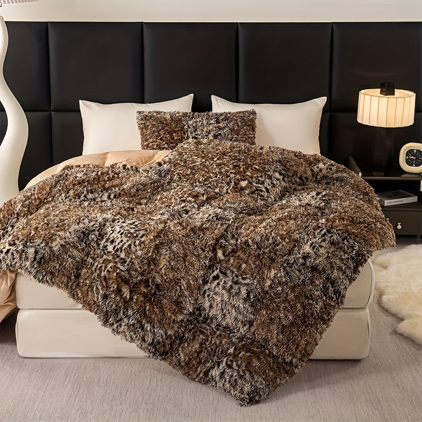 3pcs Luxurious Leopard Print Faux Fur Bedding Set - Ultra-Soft, Cozy & Shaggy Duvet Cover and 2 Plush Pillowcases, Zip Closure, All-Season Comfort, Machine Washable, Polyester 100.0% - Perfect for Modern Chic Bedrooms