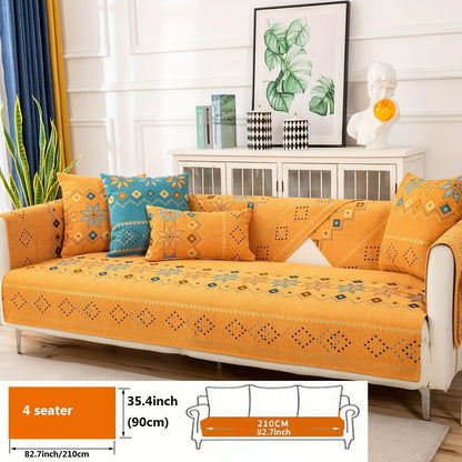 1pc Bohemian Chenille Sofa Slipcover, Geometric Pattern Non-slip Sofa Cover, Furniture Protector For Bedroom Office Living Room Home Decor