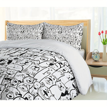 Pet duvet cover, a set of dog and cat animal happy cartoon inspired design, decorated 3pcs bedding set, 1 duvet cover +2 pillowcases, no core, black and white