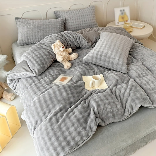 3pcs Set of Bubble Rabbit Plush Bedding, Featuring a 240G Bubble Fleece And 130G Crystal Fleece Duvet Cover, Includes One Duvet Cover And Two Pillowcases.