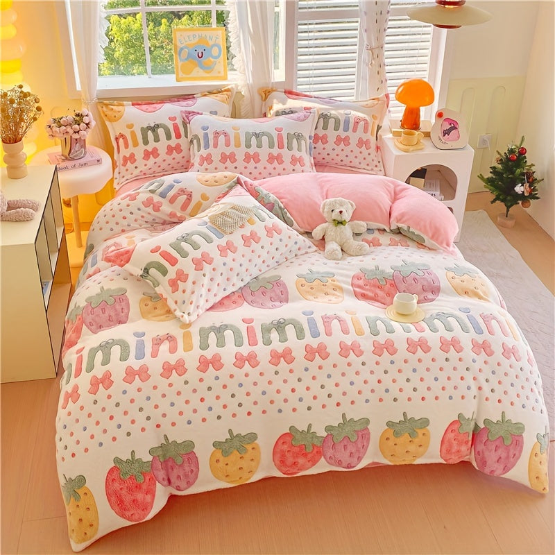 3pcs Floral Strawberry Duvet Cover Set - All-Season Zipper Closure, Machine Washable, Woven Polyester, Active Printing, Includes 2 Pillowcases - Thickened Warm Blanket for Bedroom & Living Room