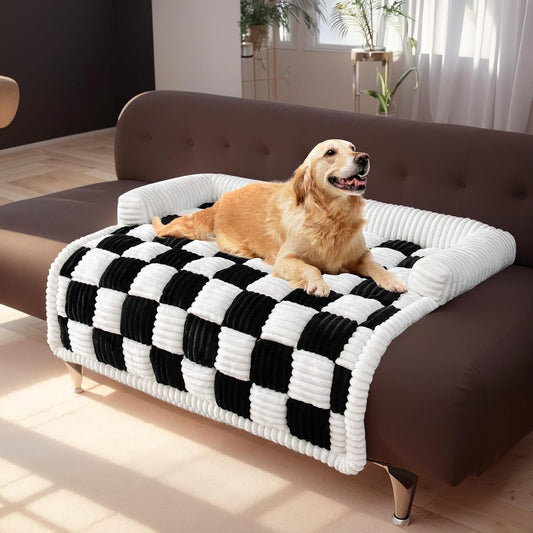 Cream Square Plaid Cozy Dog Mat Furniture Protector Cover