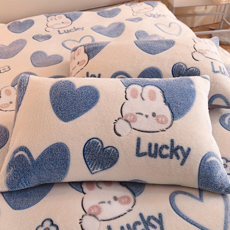 BED COVERS,[3pcs Soft Anime Duvet Set] 3pcs Anime Cartoon Love Pattern Duvet Set, Thickened Double-Sided Velvet, Soft & Warm, Breathable Polyester Bedding with Zipper Closure, Machine Washable, Includes 1 Duvet Cover & 2 Pillowcases (No