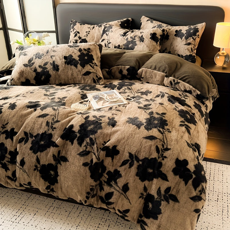 4pcs Elegant Floral Jacquard Duvet Cover Set with Zipper Closure - All-Season Warm High GSM Rabbit Fur Plush Fabric Bedding Collection with Pillows & Sheet - Machine Washable Polyester Flower Print