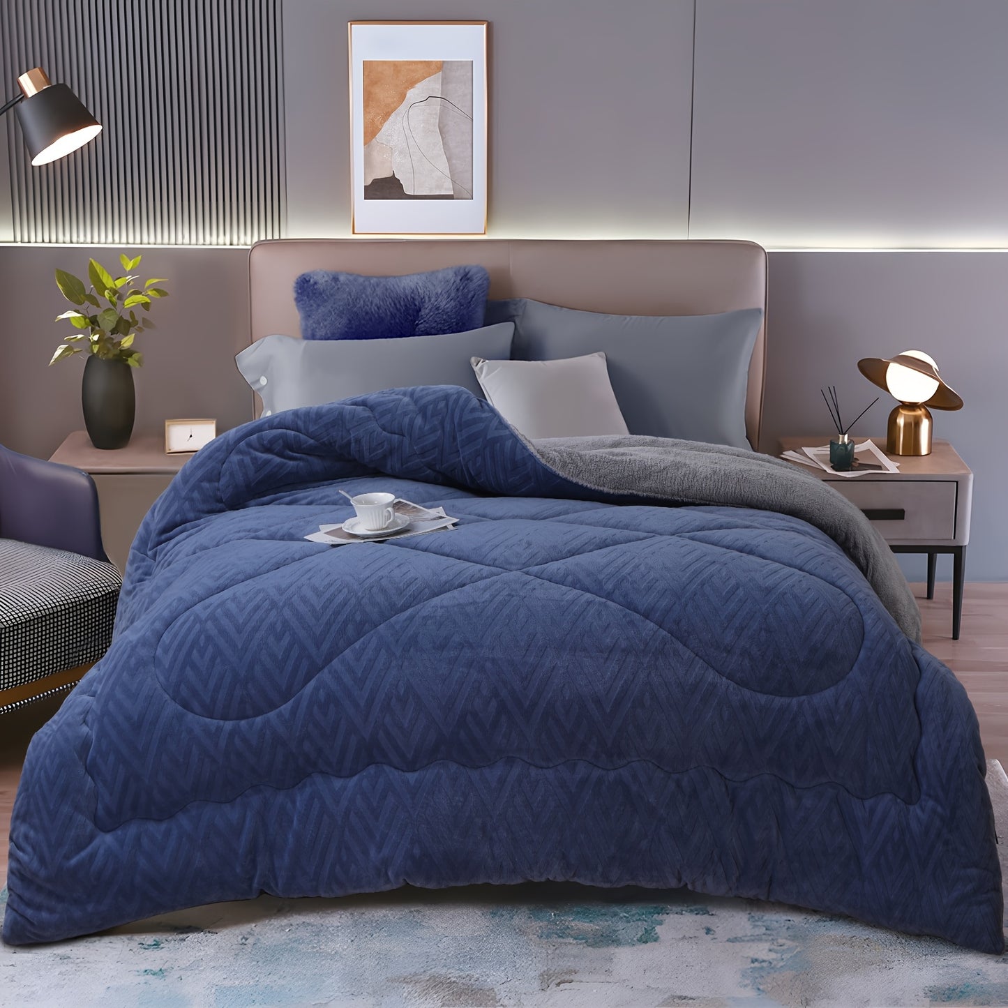 BED COVERS,[Soft Velvet Plush Comforter] Super Soft 1pc Embossed Velvet Thickened Solid Plush Winter Comforter - Lightweight, Warm, Four Sizes - Polyester Filling, 180-200G Square Kg, Grey, Blue