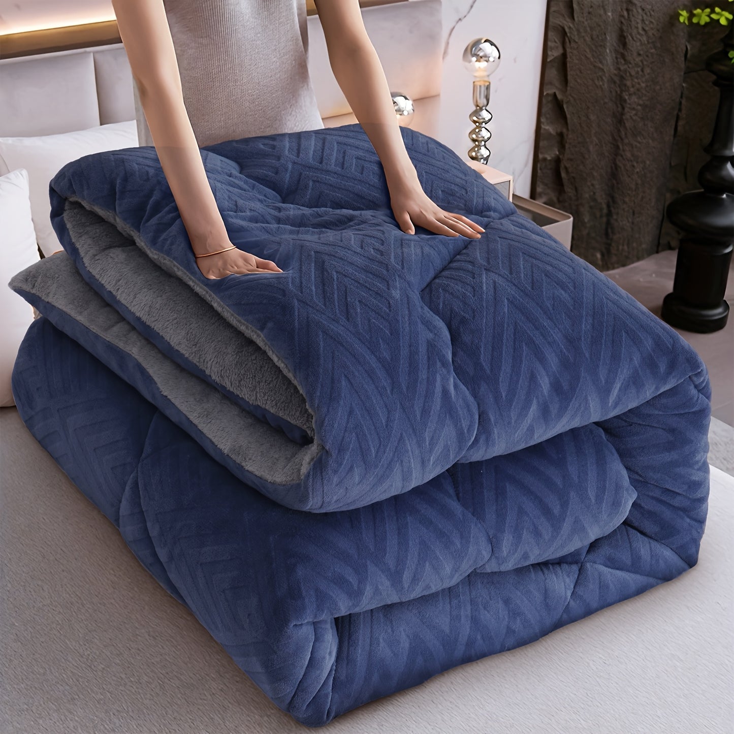 BED COVERS,[Soft Velvet Plush Comforter] Super Soft 1pc Embossed Velvet Thickened Solid Plush Winter Comforter - Lightweight, Warm, Four Sizes - Polyester Filling, 180-200G Square Kg, Grey, Blue