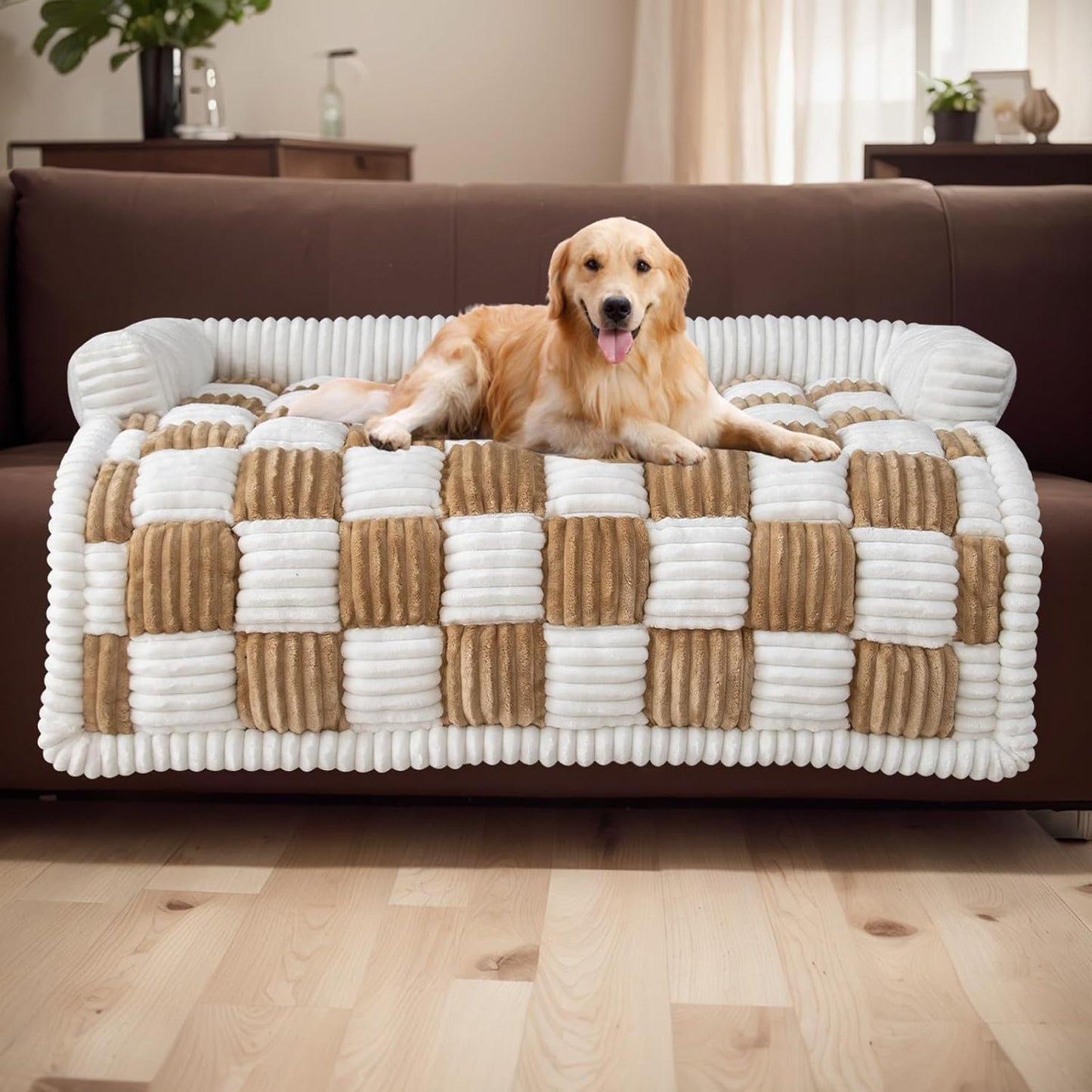 Cream Square Plaid Cozy Dog Mat Furniture Protector Cover