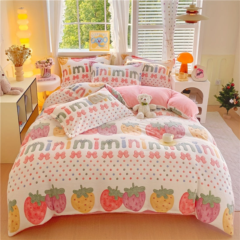 3pcs Floral Strawberry Duvet Cover Set - All-Season Zipper Closure, Machine Washable, Woven Polyester, Active Printing, Includes 2 Pillowcases - Thickened Warm Blanket for Bedroom & Living Room