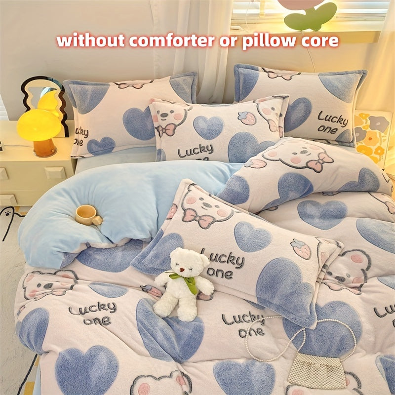 4pcs Preppy Style Bedding Set - Cartoon Bear Pattern, Soft Plush Milk Velvet Comforter Set, Machine Washable, Includes 1 Sheet, 1 Duvet Cover, 2 Pillowcases, Warm Fabric, No Insert - Ideal for Dorm, Bedroom, Guest Room