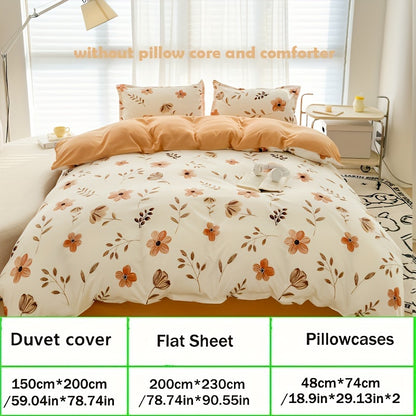 4pcs Flower Print Duvet Cover Set (1*Duvet Cover + 1*Flat Sheet + 2*Pillowcase, Without Core), Floral Leaf Printed Bedding Set, Soft Comfortable Four Seasons Universal Duvet Cover, for Bedroom, Guest Room