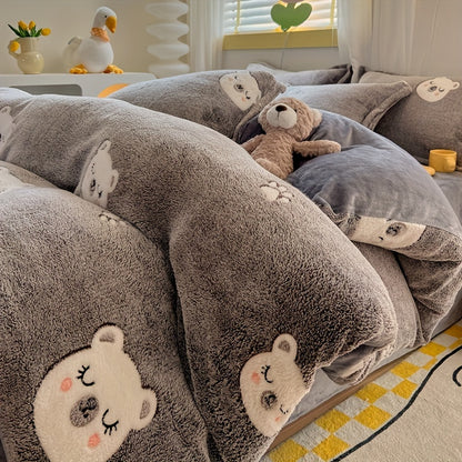 3pcs Animal Print Quilt Cover Set - Long Fleece, All-Season, Cute Bear Design, Machine Washable, Polyester Fabric, No Duvet Included, Zipper Closure, Woven Craftsmanship, 160-180g Fabric Square Weight