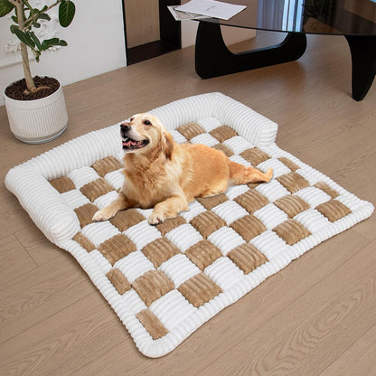 Cream Square Plaid Cozy Dog Mat Furniture Protector Cover