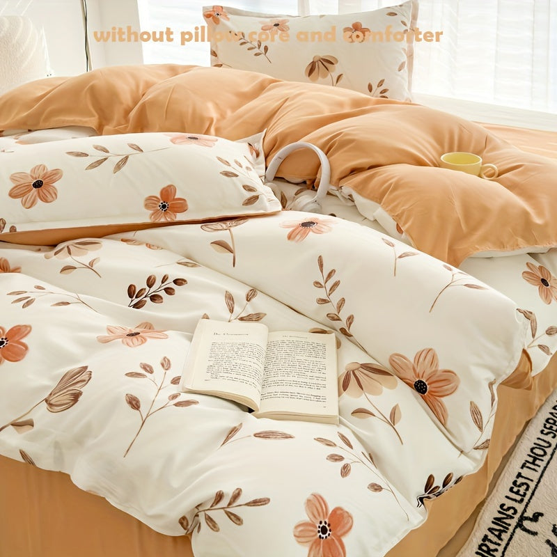 4pcs Flower Print Duvet Cover Set (1*Duvet Cover + 1*Flat Sheet + 2*Pillowcase, Without Core), Floral Leaf Printed Bedding Set, Soft Comfortable Four Seasons Universal Duvet Cover, for Bedroom, Guest Room