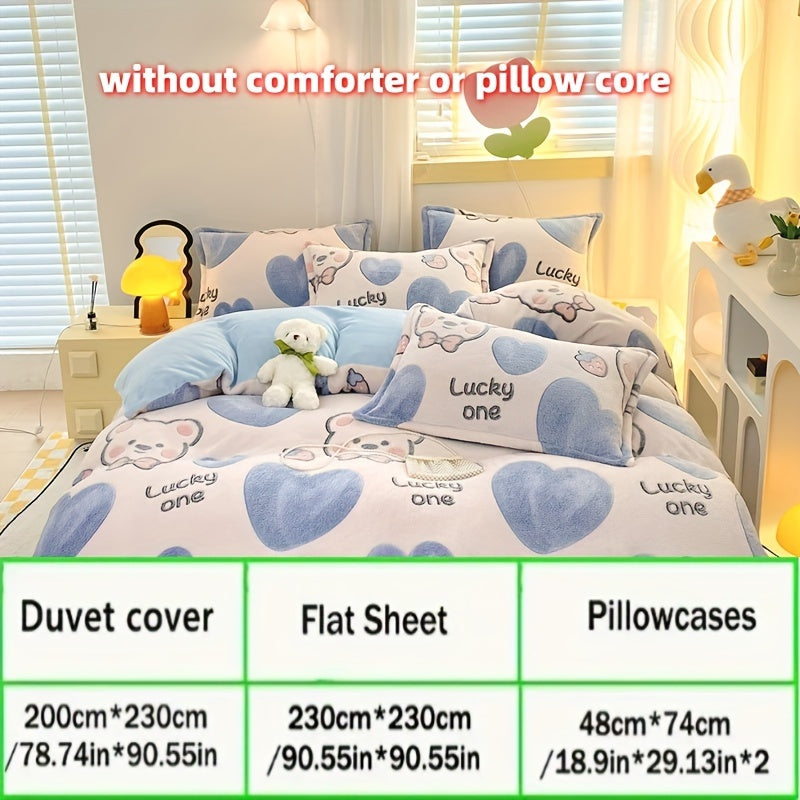 4pcs Preppy Style Bedding Set - Cartoon Bear Pattern, Soft Plush Milk Velvet Comforter Set, Machine Washable, Includes 1 Sheet, 1 Duvet Cover, 2 Pillowcases, Warm Fabric, No Insert - Ideal for Dorm, Bedroom, Guest Room