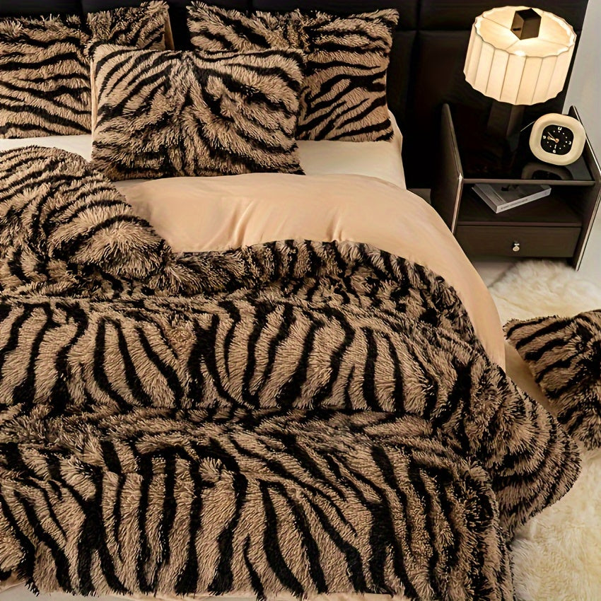 3pcs Luxurious Leopard Print Faux Fur Bedding Set - Ultra-Soft, Cozy & Shaggy Duvet Cover and 2 Plush Pillowcases, Zip Closure, All-Season Comfort, Machine Washable, Polyester 100.0% - Perfect for Modern Chic Bedrooms