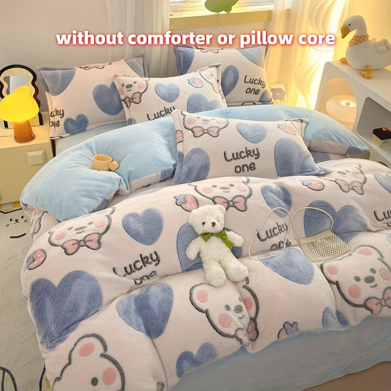 4pcs Preppy Style Bedding Set - Cartoon Bear Pattern, Soft Plush Milk Velvet Comforter Set, Machine Washable, Includes 1 Sheet, 1 Duvet Cover, 2 Pillowcases, Warm Fabric, No Insert - Ideal for Dorm, Bedroom, Guest Room