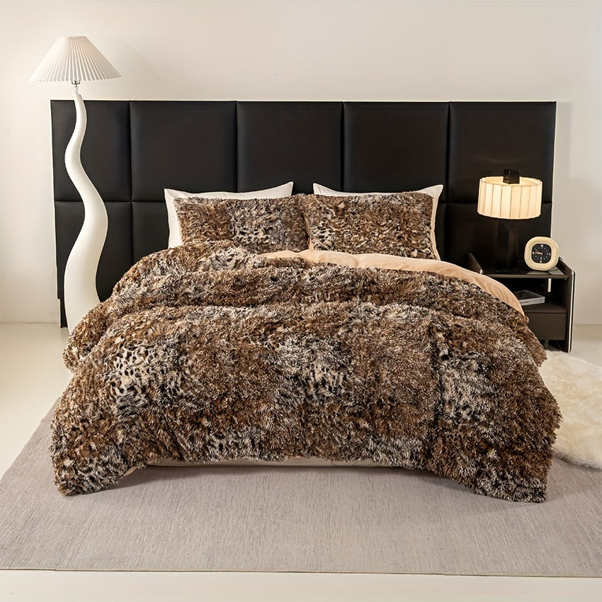 3pcs Luxurious Leopard Print Faux Fur Bedding Set - Ultra-Soft, Cozy & Shaggy Duvet Cover and 2 Plush Pillowcases, Zip Closure, All-Season Comfort, Machine Washable, Polyester 100.0% - Perfect for Modern Chic Bedrooms