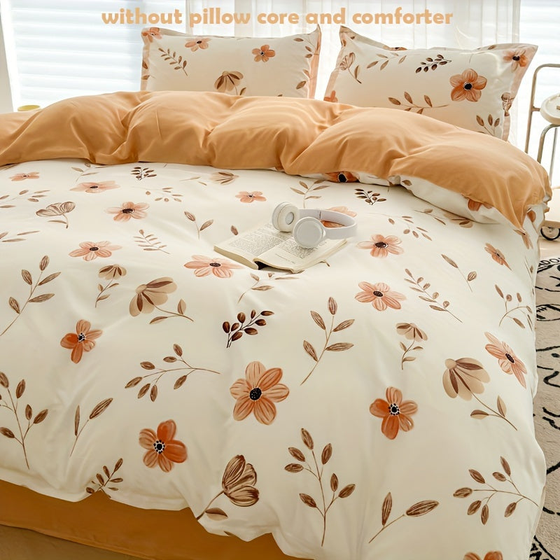 4pcs Flower Print Duvet Cover Set (1*Duvet Cover + 1*Flat Sheet + 2*Pillowcase, Without Core), Floral Leaf Printed Bedding Set, Soft Comfortable Four Seasons Universal Duvet Cover, for Bedroom, Guest Room