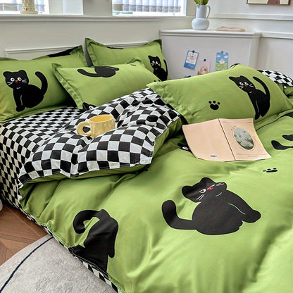 3pcs Whimsy Cat Print Duvet Cover Set, Soft Breathable Polyester Bedding with Zipper Closure, Machine Washable, All-Season Comfort, Sanded Craftsmanship, 80-85gsm - Quilt Cover and 2 Pillowcases (No Insert)