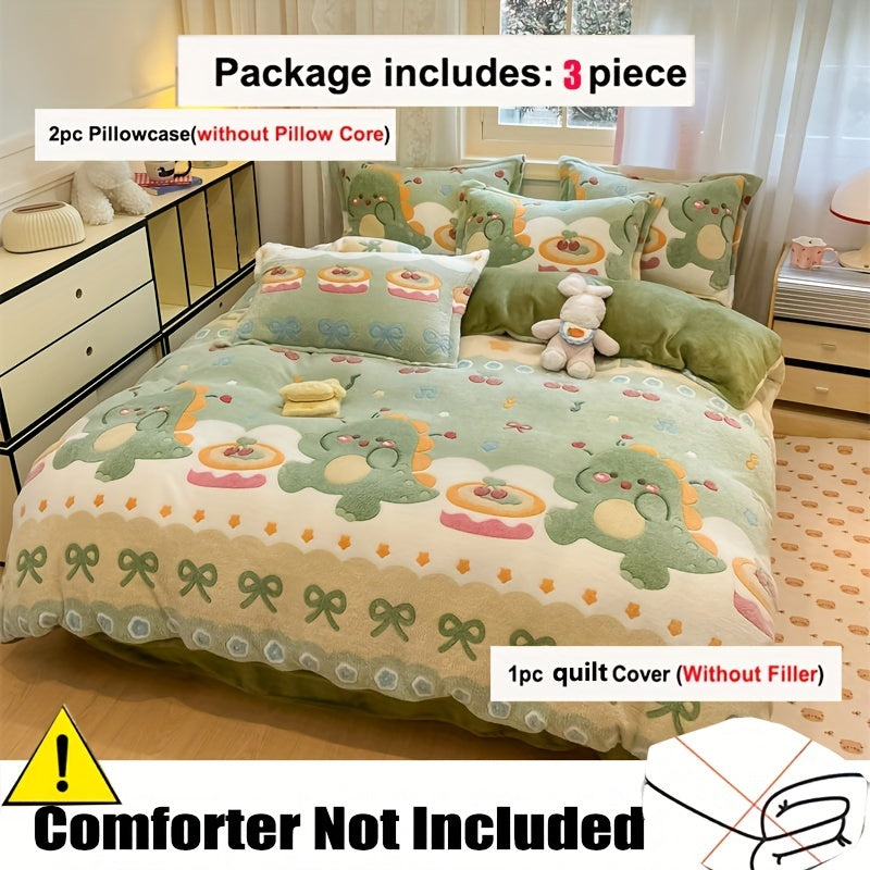 3pcs autumn and winter thickened double-sided warm velvet dinosaur, cake, flower, star, offset printing pattern snowflake velvet kit, (1pc of quilt cover, 2 pillowcases, no bed sheet, quilt and pillow), bedding, very suitable