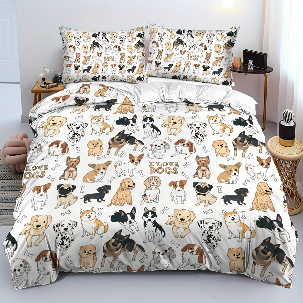 Bed Covers, [2/3pcs Pet Dog Print Duvet] 2/3pcs Duvet Cover Set, (1 Duvet Cover + 1/2 Pillowcase, Without Core) Pet Family Playmate Dog Golden Retriever Spot Dog corgi Dog French Bulldog Print Soft Comfortable Bedding Set for Bedroom Dor