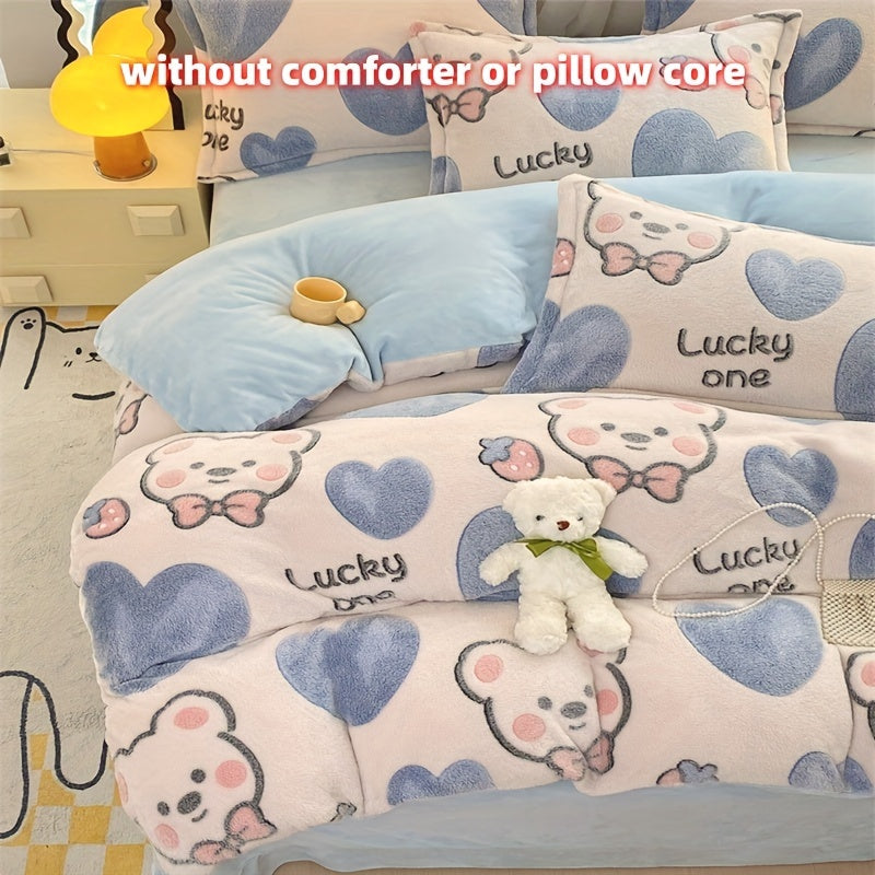 4pcs Preppy Style Bedding Set - Cartoon Bear Pattern, Soft Plush Milk Velvet Comforter Set, Machine Washable, Includes 1 Sheet, 1 Duvet Cover, 2 Pillowcases, Warm Fabric, No Insert - Ideal for Dorm, Bedroom, Guest Room