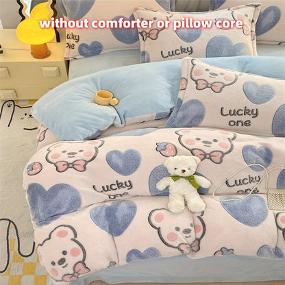 4pcs Preppy Style Bedding Set - Cartoon Bear Pattern, Soft Plush Milk Velvet Comforter Set, Machine Washable, Includes 1 Sheet, 1 Duvet Cover, 2 Pillowcases, Warm Fabric, No Insert - Ideal for Dorm, Bedroom, Guest Room