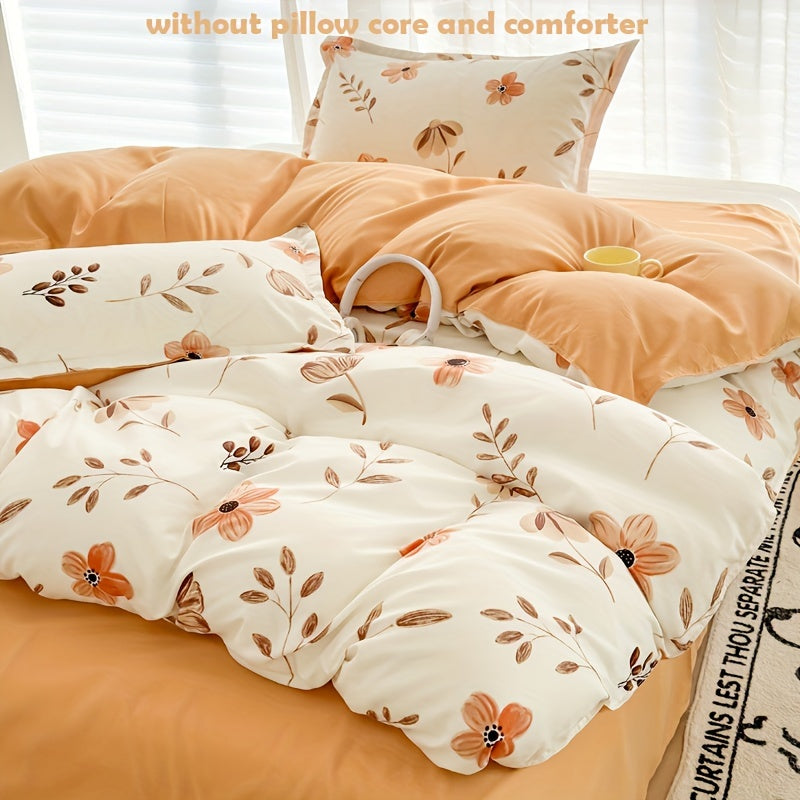 4pcs Flower Print Duvet Cover Set (1*Duvet Cover + 1*Flat Sheet + 2*Pillowcase, Without Core), Floral Leaf Printed Bedding Set, Soft Comfortable Four Seasons Universal Duvet Cover, for Bedroom, Guest Room