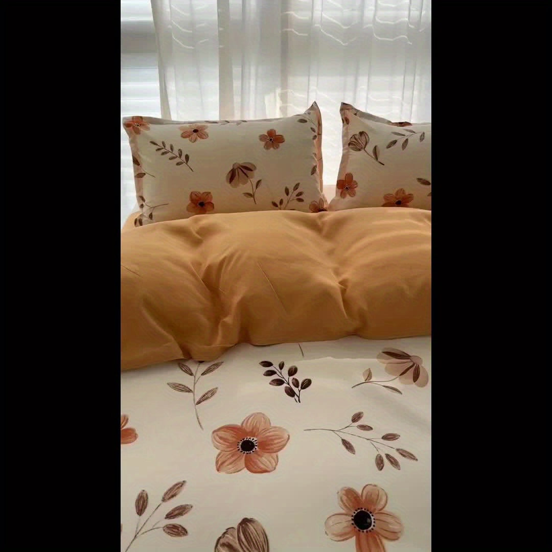 4pcs Flower Print Duvet Cover Set (1*Duvet Cover + 1*Flat Sheet + 2*Pillowcase, Without Core), Floral Leaf Printed Bedding Set, Soft Comfortable Four Seasons Universal Duvet Cover, for Bedroom, Guest Room