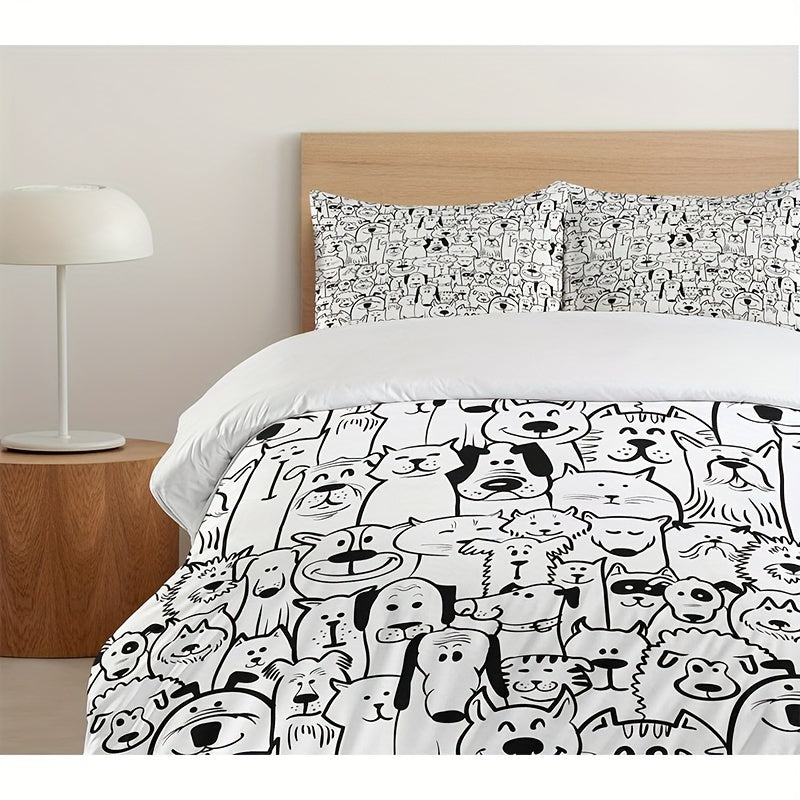 Pet duvet cover, a set of dog and cat animal happy cartoon inspired design, decorated 3pcs bedding set, 1 duvet cover +2 pillowcases, no core, black and white