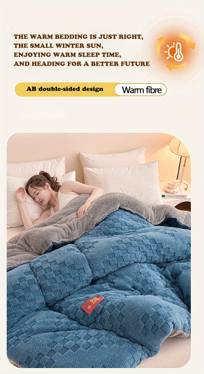 1pc High-Quality Double-Sided Thickened Warm Fleece Winter Comforter, Home Use, Winter Season, Simple Pattern, Multi-Purpose, Milk Fleece, Woven, Quilted, Active Print, Polyester Fill, Polyester Cover, 200-250g Fabric Square