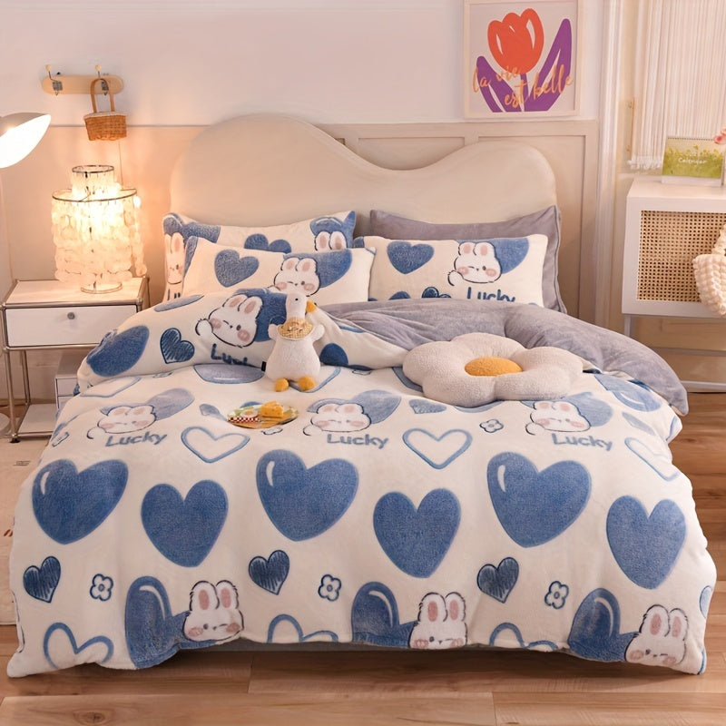 BED COVERS,[3pcs Soft Anime Duvet Set] 3pcs Anime Cartoon Love Pattern Duvet Set, Thickened Double-Sided Velvet, Soft & Warm, Breathable Polyester Bedding with Zipper Closure, Machine Washable, Includes 1 Duvet Cover & 2 Pillowcases (No