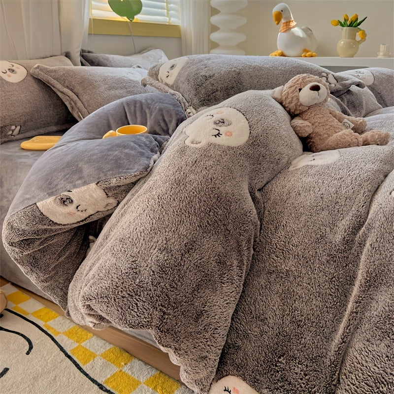 3pcs Animal Print Quilt Cover Set - Long Fleece, All-Season, Cute Bear Design, Machine Washable, Polyester Fabric, No Duvet Included, Zipper Closure, Woven Craftsmanship, 160-180g Fabric Square Weight