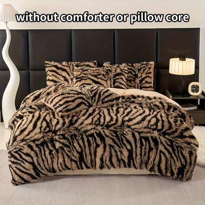 3pcs Luxurious Leopard Print Faux Fur Bedding Set - Ultra-Soft, Cozy & Shaggy Duvet Cover and 2 Plush Pillowcases, Zip Closure, All-Season Comfort, Machine Washable, Polyester 100.0% - Perfect for Modern Chic Bedrooms