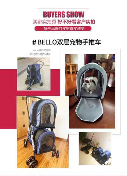 Double-layer Pet Stroller Cats Carrier Detachable Handbag Collapsible Breathable Dog Cat Trolley for Dogs Cats Walks Relax