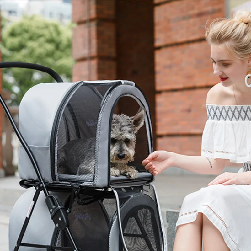 Double-layer Pet Stroller Cats Carrier Detachable Handbag Collapsible Breathable Dog Cat Trolley for Dogs Cats Walks Relax