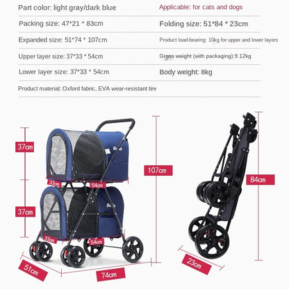 Double-layer Pet Stroller Cats Carrier Detachable Handbag Collapsible Breathable Dog Cat Trolley for Dogs Cats Walks Relax