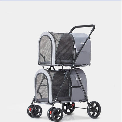 Double-layer Pet Stroller Cats Carrier Detachable Handbag Collapsible Breathable Dog Cat Trolley for Dogs Cats Walks Relax