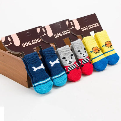 4pcs Winter Pet Dog Socks Small Cat Knit Warm Socks Dog Anti-Slip Socks Chihuahua Thick Paw Protector Booties Pet Accessories