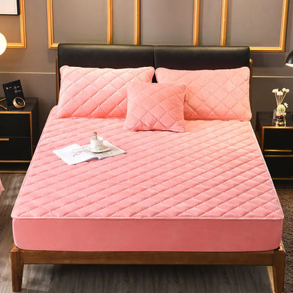 Plush Thicken Quilted Mattress Cover Warm Soft Crystal Velvet King Queen Quilted Bed Fitted Sheet Not Including Pillowcase