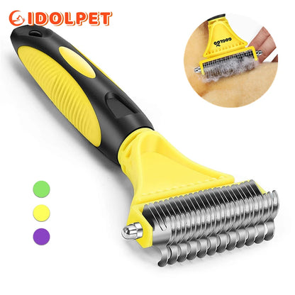 Pets Stainless Steel Grooming Brush Two-Sided Shedding and Dematting Undercoat Rake Comb for Dog Cat Remove Knots Tangles Easily