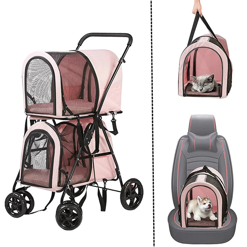 Double-layer Pet Stroller Cats Carrier Detachable Handbag Collapsible Breathable Dog Cat Trolley for Dogs Cats Walks Relax