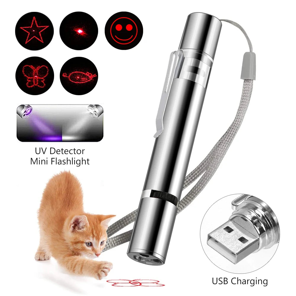 4mW 3 In 1 Cat LED Chase Toys Red Laser Pointer Pen USB Rechargeable White Torch Flashlight Pen Pet Toy UV Flashlight 5 Patterns