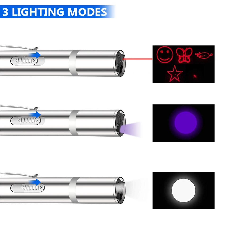 4mW 3 In 1 Cat LED Chase Toys Red Laser Pointer Pen USB Rechargeable White Torch Flashlight Pen Pet Toy UV Flashlight 5 Patterns