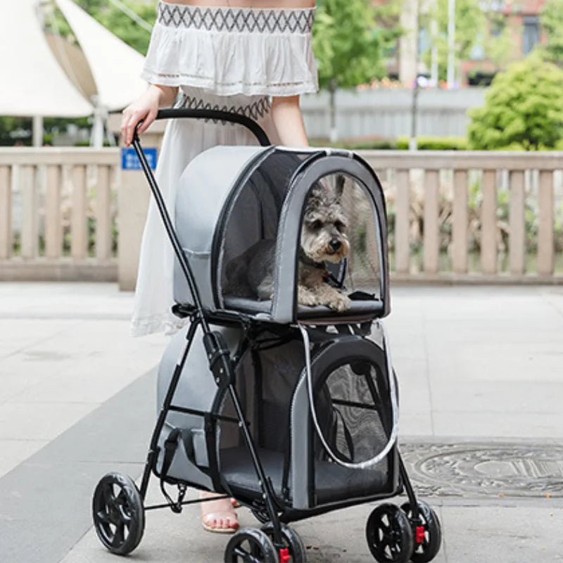 Double-layer Pet Stroller Cats Carrier Detachable Handbag Collapsible Breathable Dog Cat Trolley for Dogs Cats Walks Relax